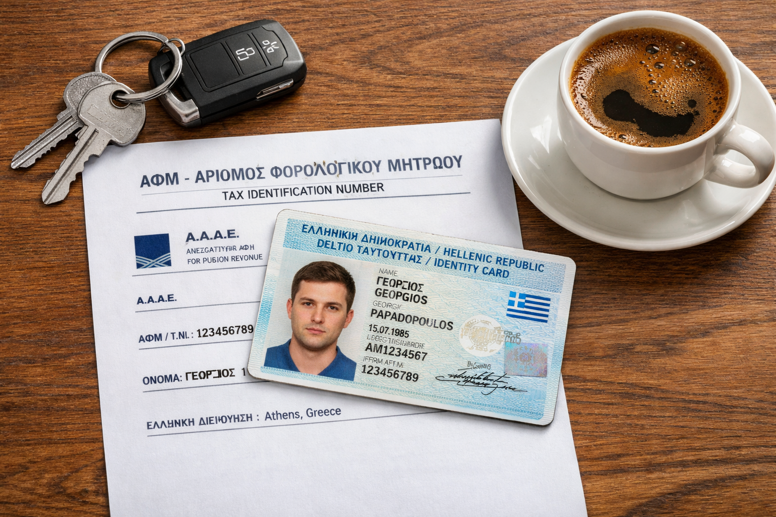 A professional, top-down shot of a Greek National ID card and an AFM document resting on a wooden desk next to a set of keys and a cup of Greek coffee