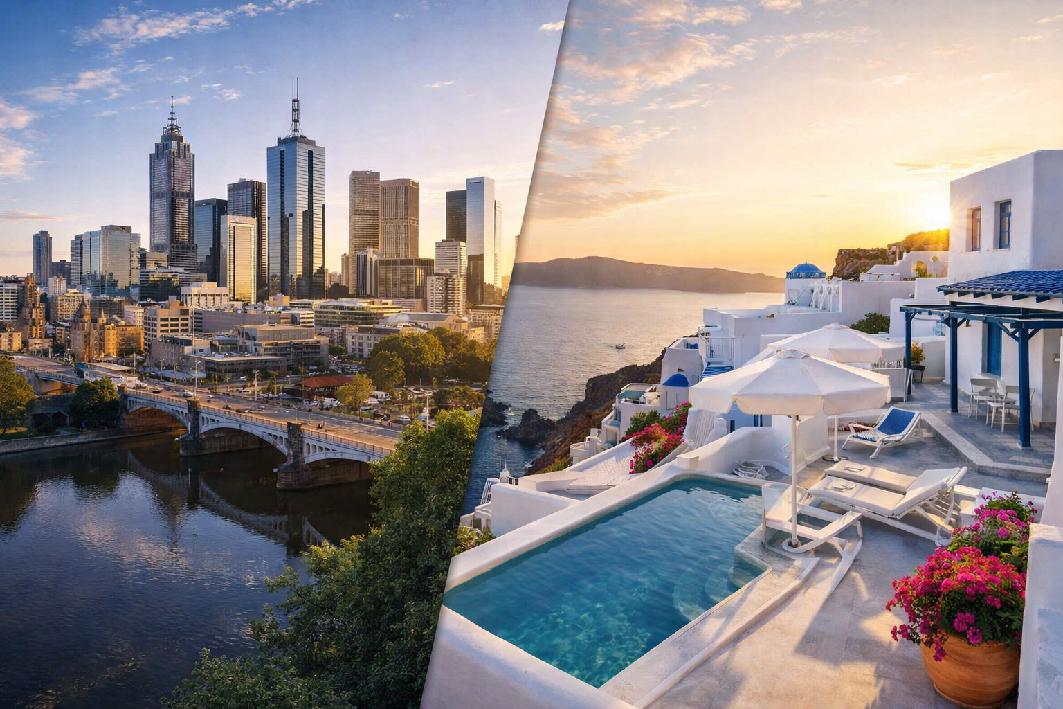 A split-screen or composite image showing a modern Melbourne CBD skyline transitioning into a sun-drenched Greek coastal villa