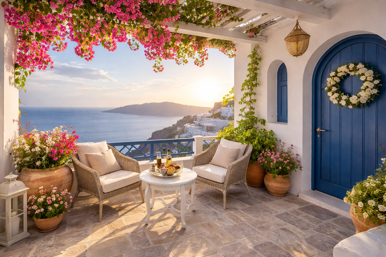 A wide-angle shot of a beautiful, traditional Greek balcony overlooking the Aegean Sea