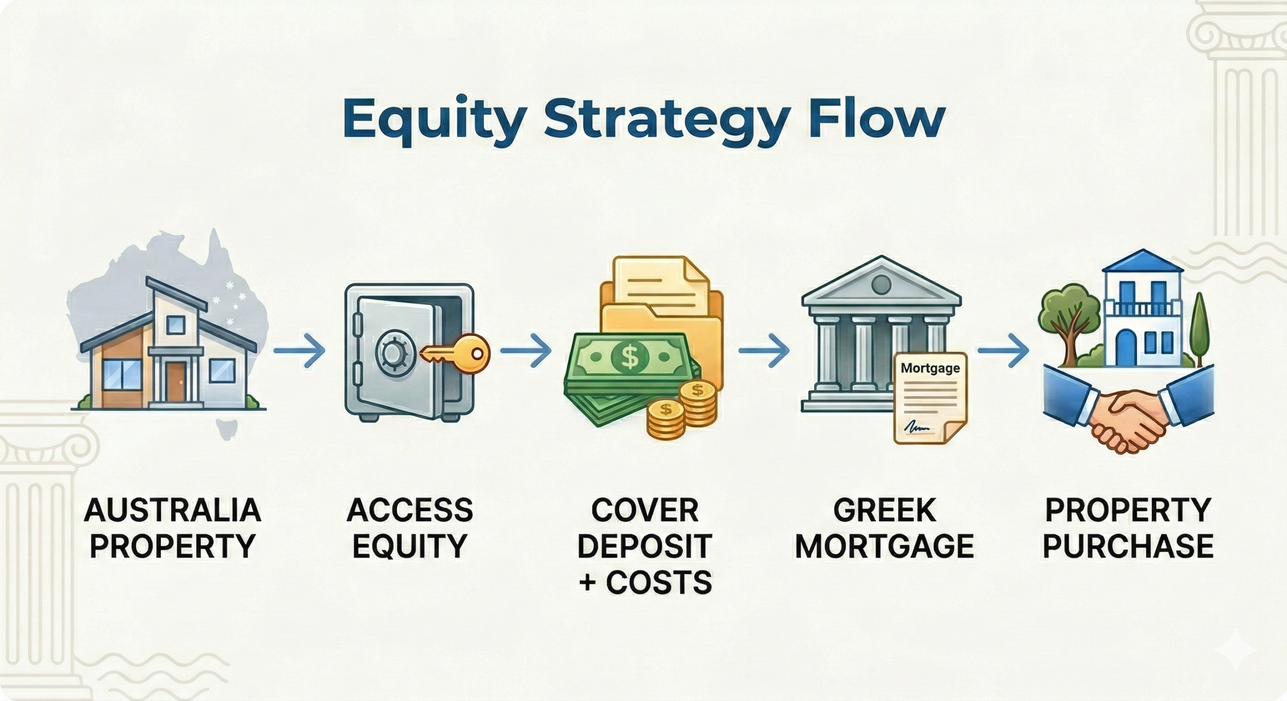 A professional infographic diagram from Hellenic Mortgage Solutions titled 'Equity Strategy Flow'. It uses a five-step visual timeline: 1. A house icon over Australia. 2. A safe with a key (Access Equity). 3. Money stacks (Cover Deposit + Costs). 4. A Greek bank (Greek Mortgage). 5. Handshake over a Greek villa (Property Purchase). The flow demonstrates how Australian property equity is used to purchase a home in Greece.