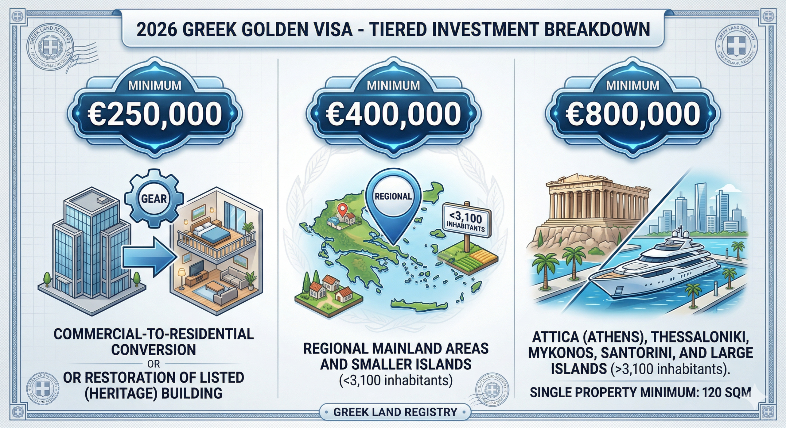 Infographic showing 2026 Greek Golden Visa tiers: €250k for conversions, €400k regional, and €800k for Athens and major islands.