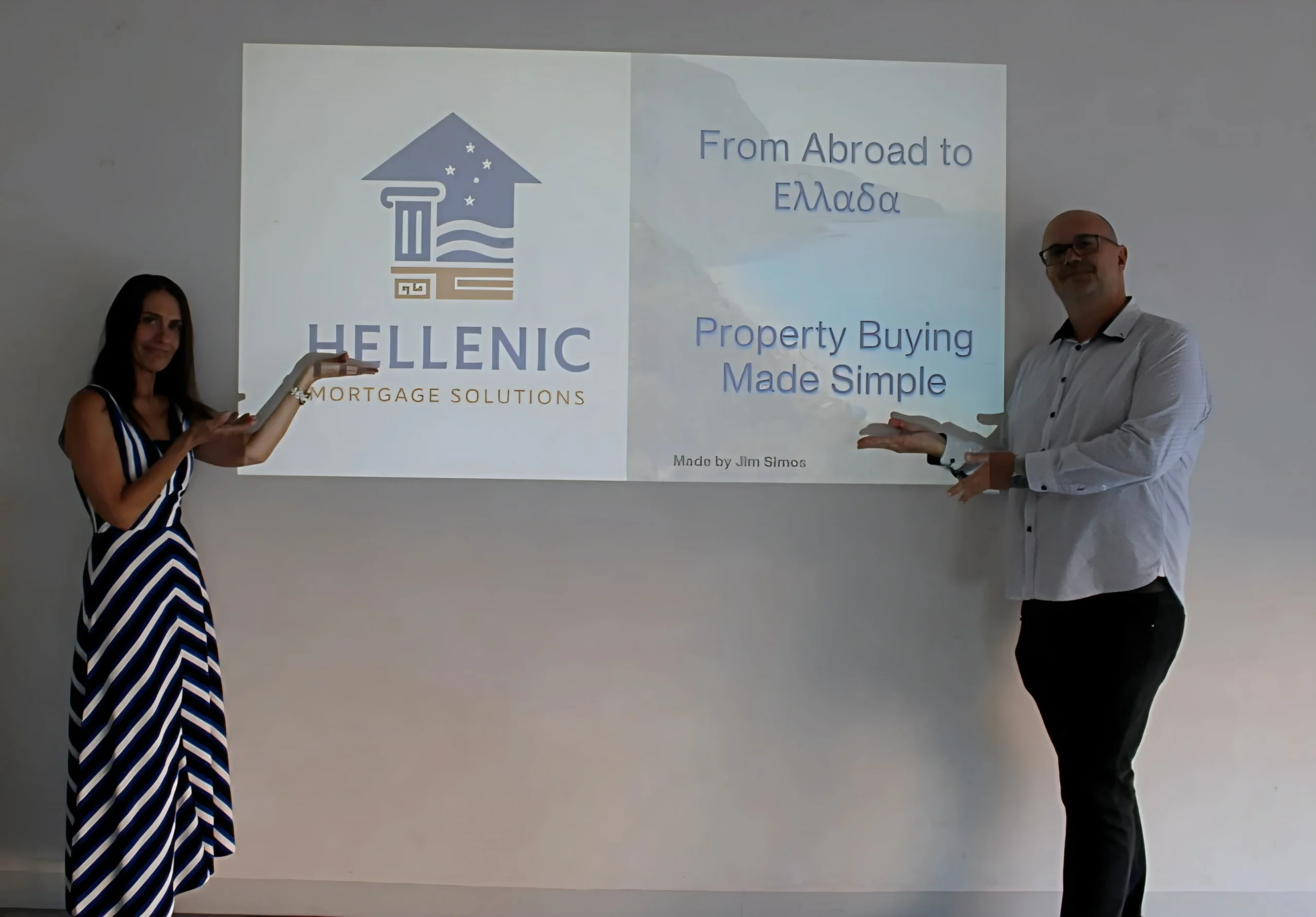Jim and Toula of Hellenic Strategic Audit presenting the 'Greece-Australia Bridge' property financing strategy at the Vanilla Cafe launch event in Oakleigh.