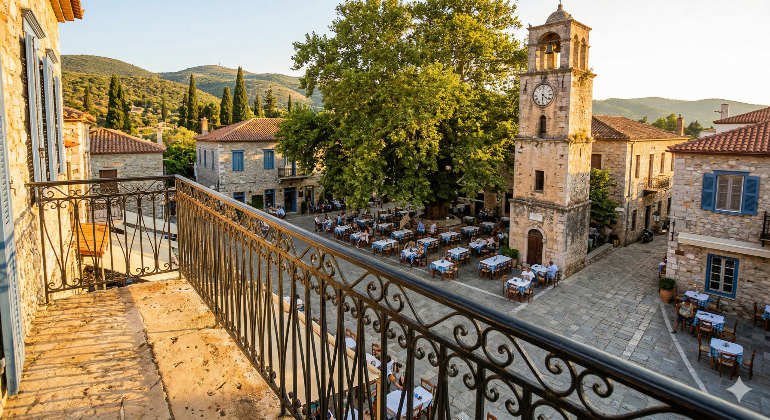 View from a traditional stone balcony in Greece overlooking a village square with a plane tree and clock tower.